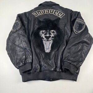 VTG DAVNUCCI Mens Black Genuine Leather Bomber Jacket Patches  XL Can fit 2XL